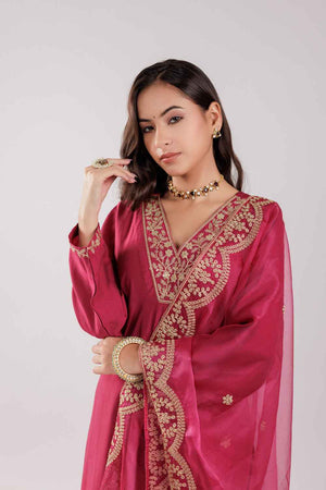 Pink Embroidered Silk Kurti Pant Set