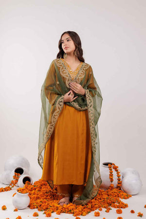 Yellow Embroidered Silk Kurti Pant Set