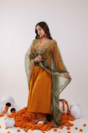 Yellow Embroidered Silk Kurti Pant Set