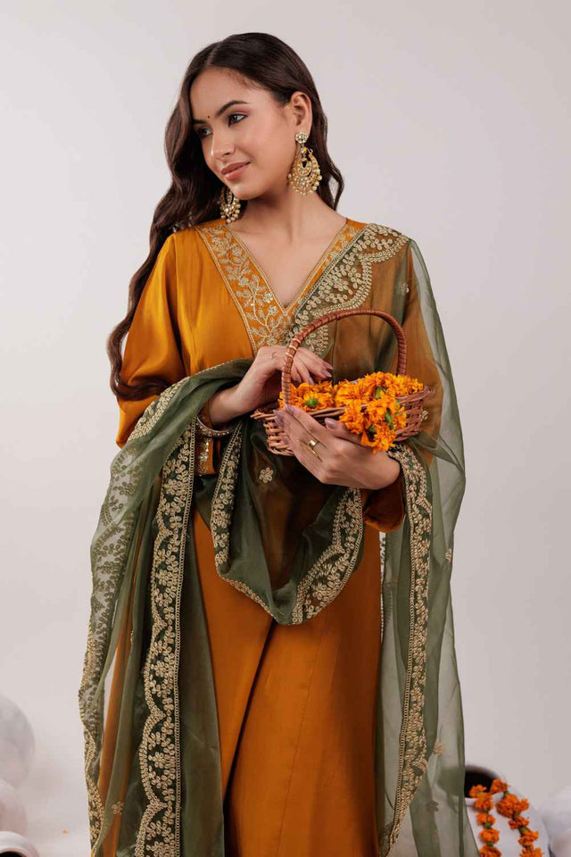 Yellow Embroidered Silk Kurti Pant Set