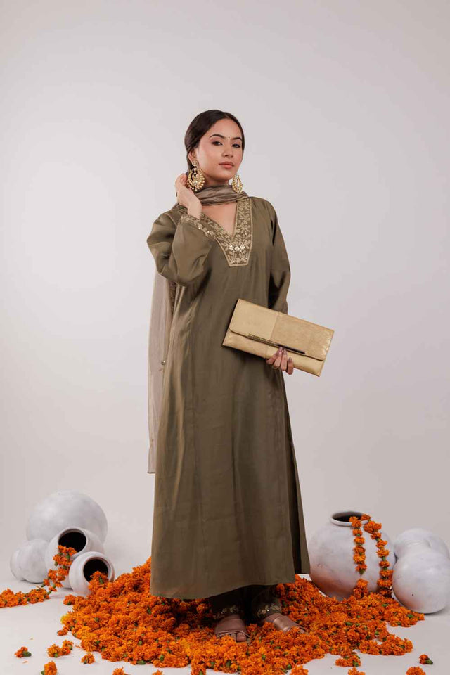 Olive Embroidered Silk Kurti Pant Set