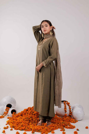 Olive Embroidered Silk Kurti Pant Set