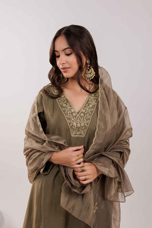 Olive Embroidered Silk Kurti Pant Set