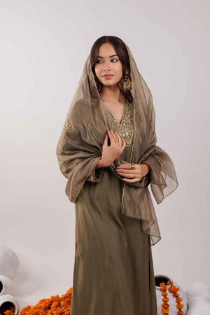 Olive Embroidered Silk Kurti Pant Set