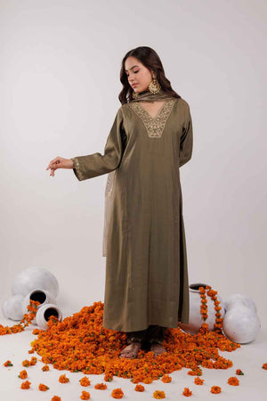 Olive Embroidered Silk Kurti Pant Set