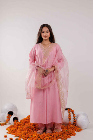 Pink Embroidered Silk Kurti Pant Set