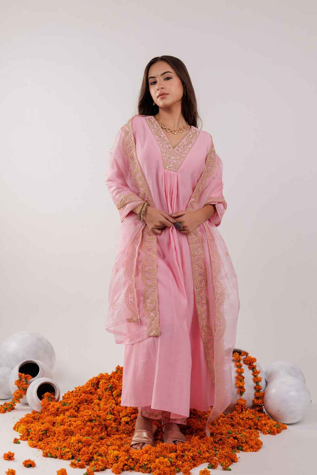 Pink Embroidered Silk Kurti Pant Set