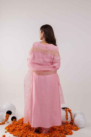Pink Embroidered Silk Kurti Pant Set