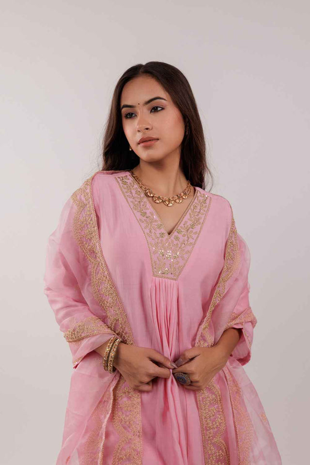 Pink Embroidered Silk Kurti Pant Set