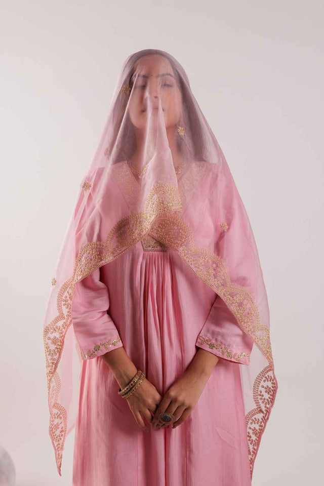 Pink Embroidered Silk Kurti Pant Set