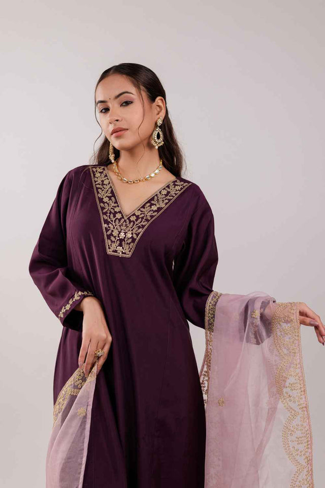 Violet Embroidered Silk Kurti Pant Set