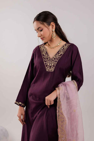 Violet Embroidered Silk Kurti Pant Set