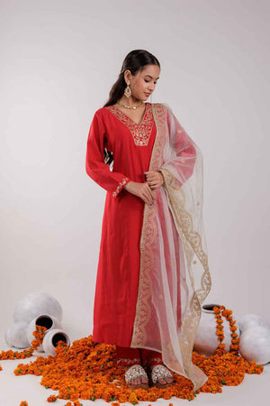 Red Embroidered Silk Kurti Pant Set (7175SKDRD)