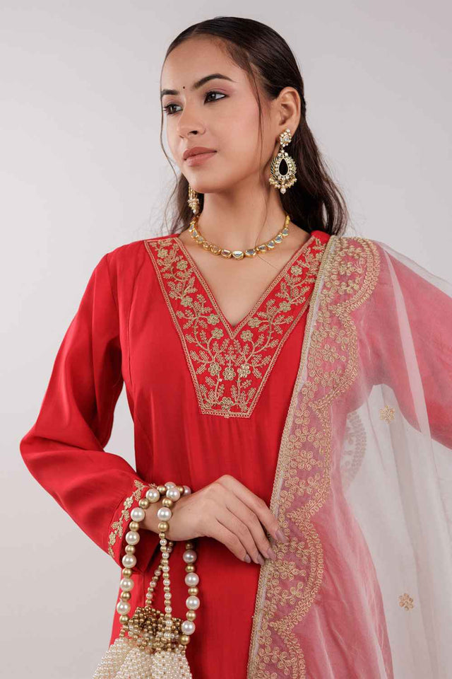 Red Embroidered Silk Kurti Pant Set (7175SKDRD)