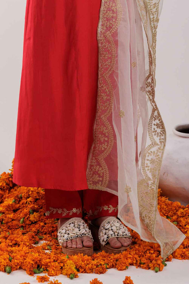 Red Embroidered Silk Kurti Pant Set (7175SKDRD)