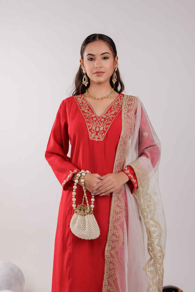 Red Embroidered Silk Kurti Pant Set (7175SKDRD)