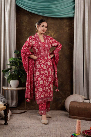 Pink Floral Print Beads and Stones Embossed Pure Cotton Kurti Pant Set