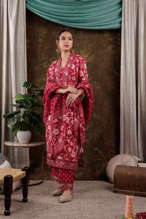 Pink Floral Print Beads and Stones Embossed Pure Cotton Kurti Pant Set