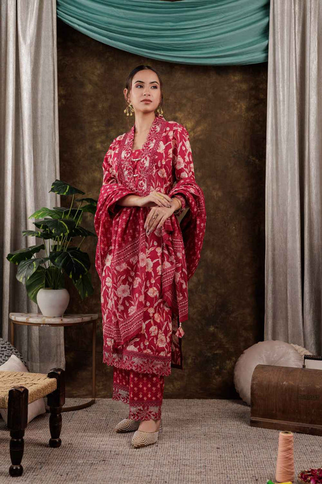 Pink Floral Print Beads and Stones Embossed Pure Cotton Kurti Pant Set