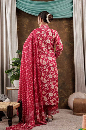 Pink Floral Print Beads and Stones Embossed Pure Cotton Kurti Pant Set