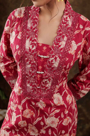 Pink Floral Print Beads and Stones Embossed Pure Cotton Kurti Pant Set