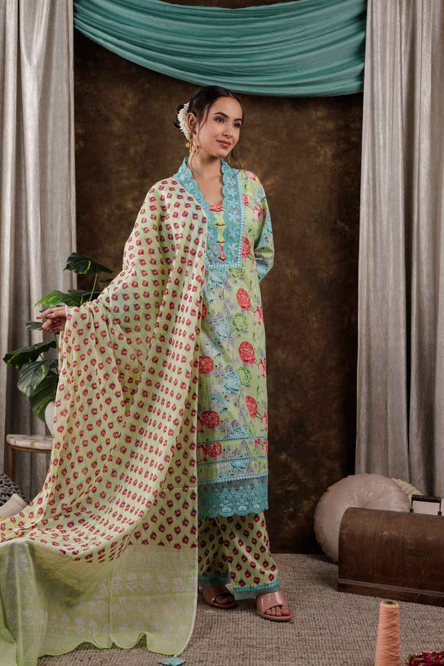 Green Floral Print Beads and Stones Embossed Pure Cotton Kurti Pant Set