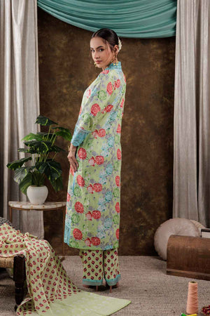 Green Floral Print Beads and Stones Embossed Pure Cotton Kurti Pant Set
