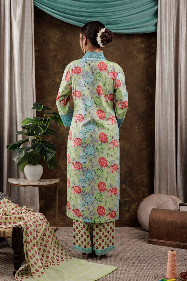 Green Floral Print Beads and Stones Embossed Pure Cotton Kurti Pant Set