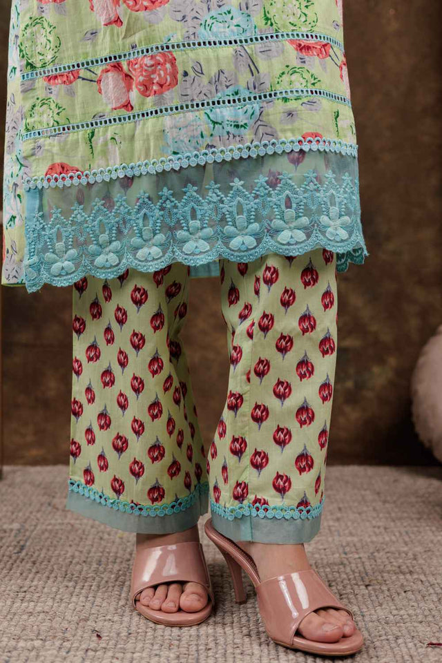 Green Floral Print Beads and Stones Embossed Pure Cotton Kurti Pant Set