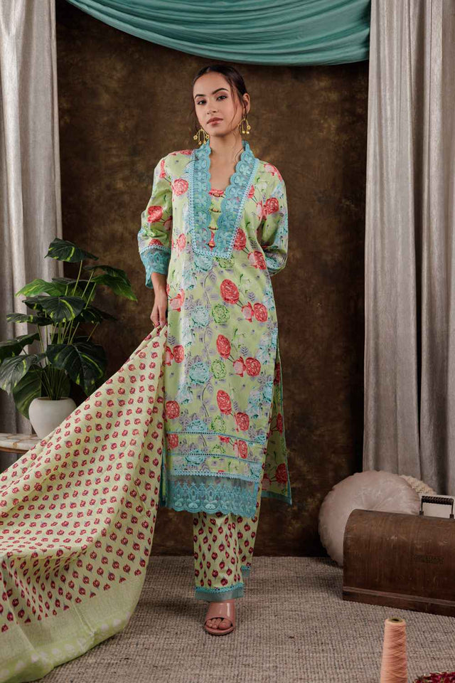 Green Floral Print Beads and Stones Embossed Pure Cotton Kurti Pant Set