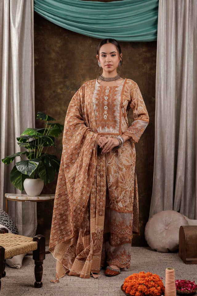 Yellow Floral Print Beads and Stones Embossed Pure Cotton Kurti Pant Set