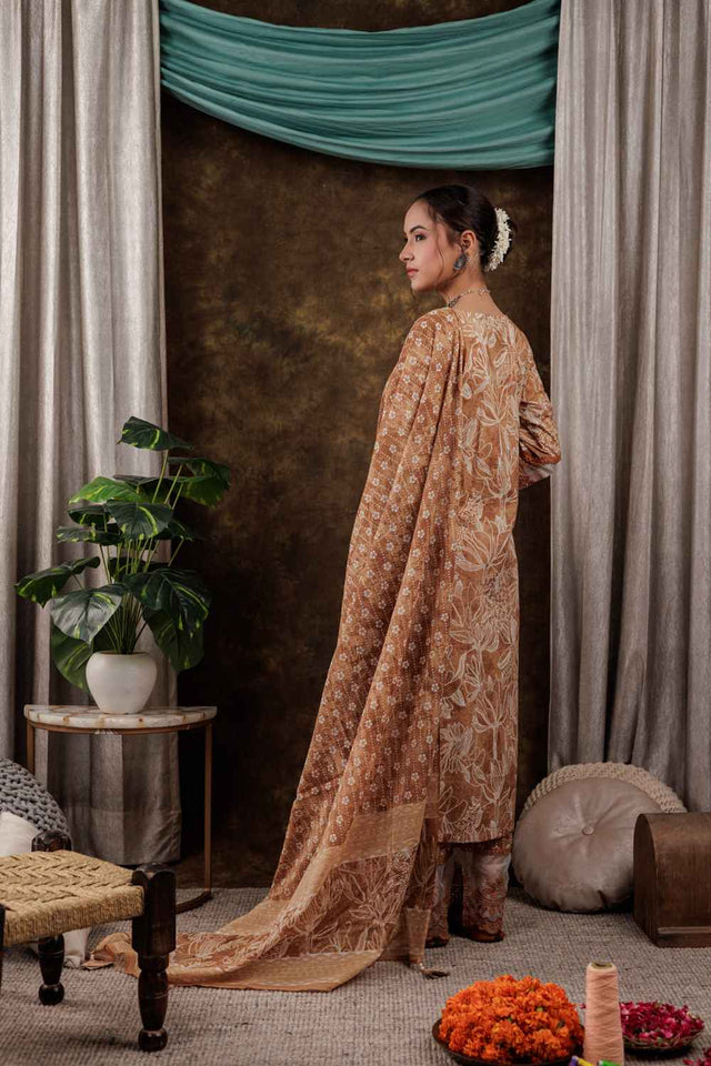 Yellow Floral Print Beads and Stones Embossed Pure Cotton Kurti Pant Set