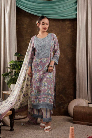 Violet Floral Print Beads and Stones Embossed Pure Cotton Kurti Pant Set