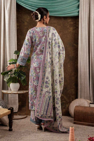 Violet Floral Print Beads and Stones Embossed Pure Cotton Kurti Pant Set