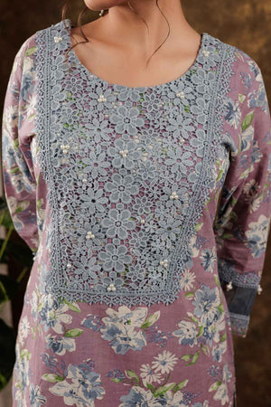 Violet Floral Print Beads and Stones Embossed Pure Cotton Kurti Pant Set