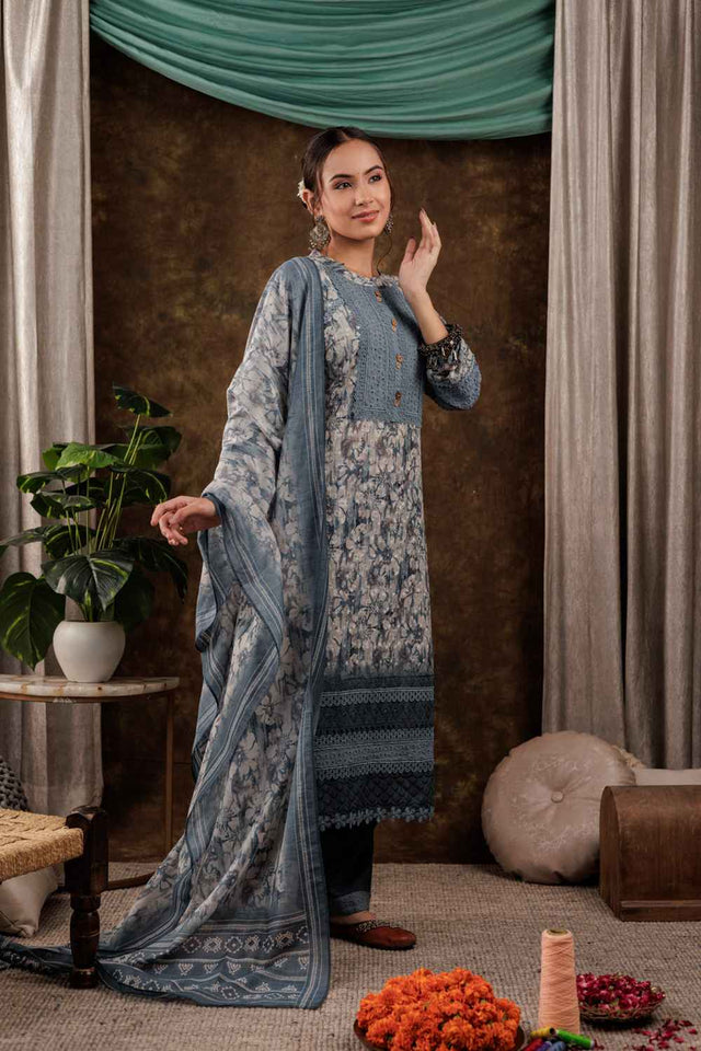 Grey Floral Print Beads and Stones Embossed Pure Cotton Kurti Pant Set