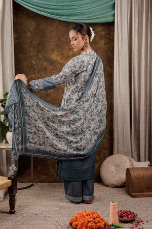 Grey Floral Print Beads and Stones Embossed Pure Cotton Kurti Pant Set