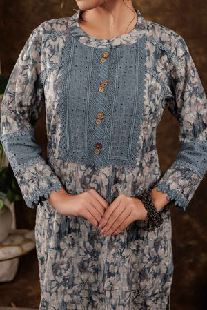 Grey Floral Print Beads and Stones Embossed Pure Cotton Kurti Pant Set