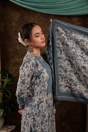 Grey Floral Print Beads and Stones Embossed Pure Cotton Kurti Pant Set