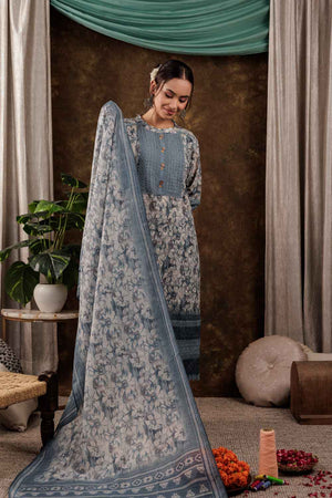 Grey Floral Print Beads and Stones Embossed Pure Cotton Kurti Pant Set