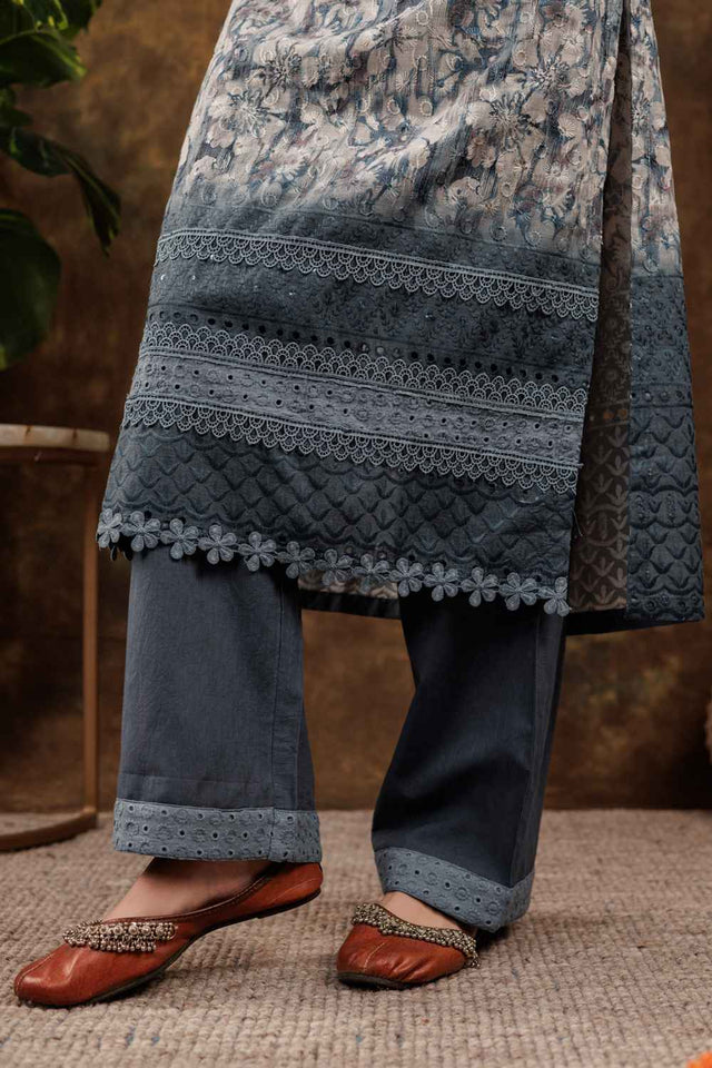 Grey Floral Print Beads and Stones Embossed Pure Cotton Kurti Pant Set