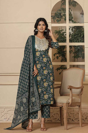 Green Floral Print Sequins Work Pure Cotton Kurti Pant Set