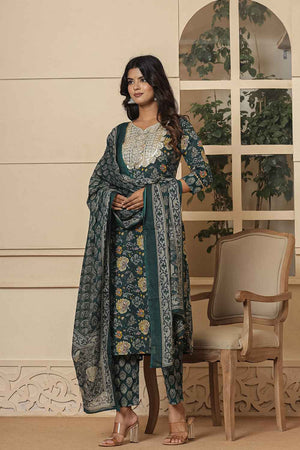 Green Floral Print Sequins Work Pure Cotton Kurti Pant Set
