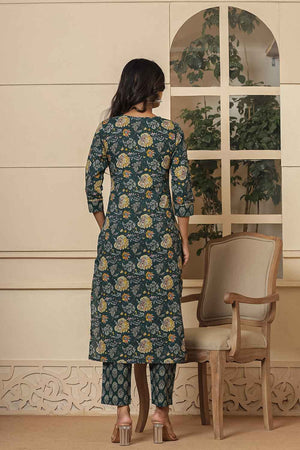 Green Floral Print Sequins Work Pure Cotton Kurti Pant Set