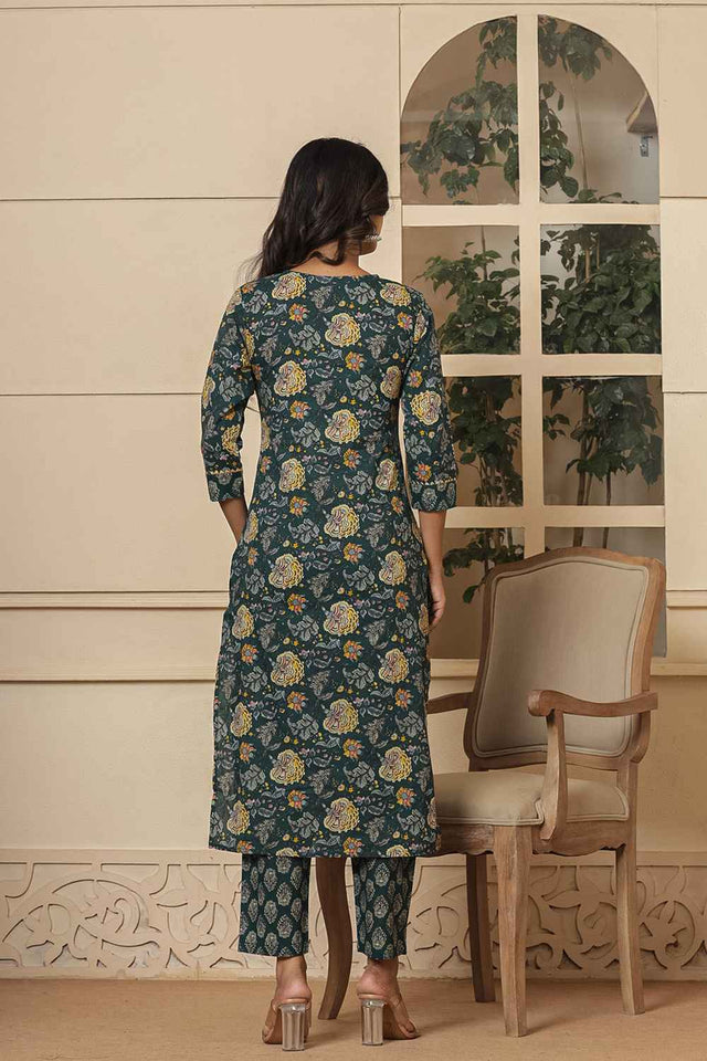 Green Floral Print Sequins Work Pure Cotton Kurti Pant Set