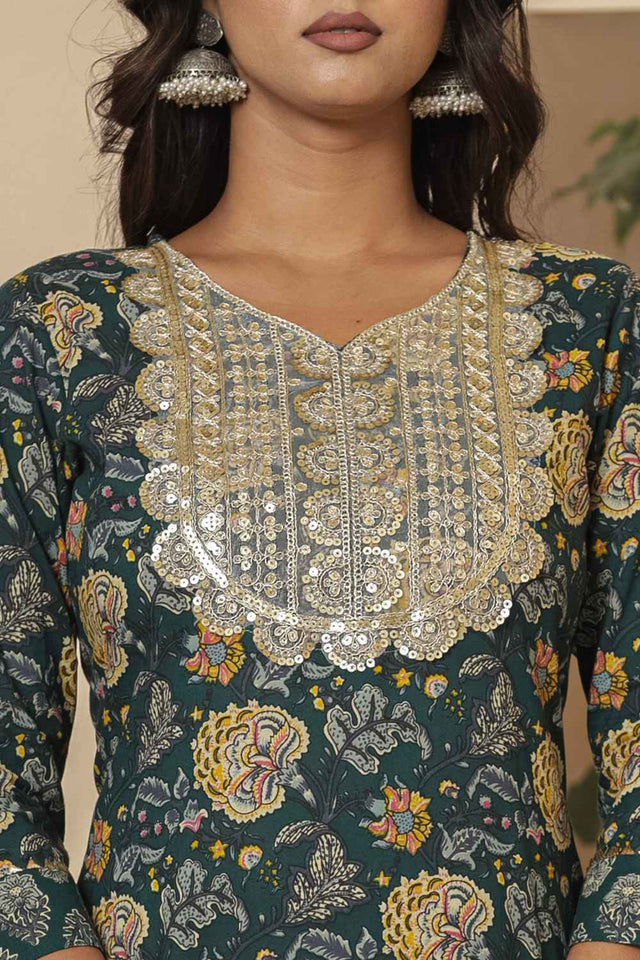 Green Floral Print Sequins Work Pure Cotton Kurti Pant Set