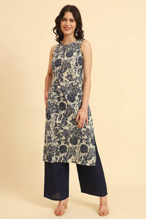Blue Floral Printed Cotton Straight Kurti