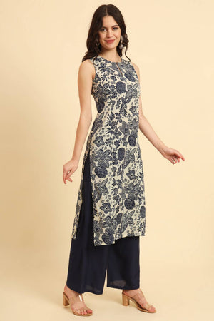 Blue Floral Printed Cotton Straight Kurti