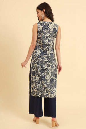 Blue Floral Printed Cotton Straight Kurti
