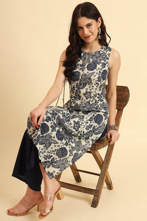 Blue Floral Printed Cotton Straight Kurti